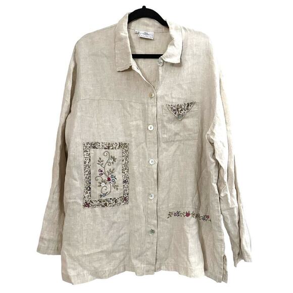HOT COTTON By Marc Ware Linen Floral Embroidered Shirt Abalone Buttons - Sz XL - Picture 1 of 5
